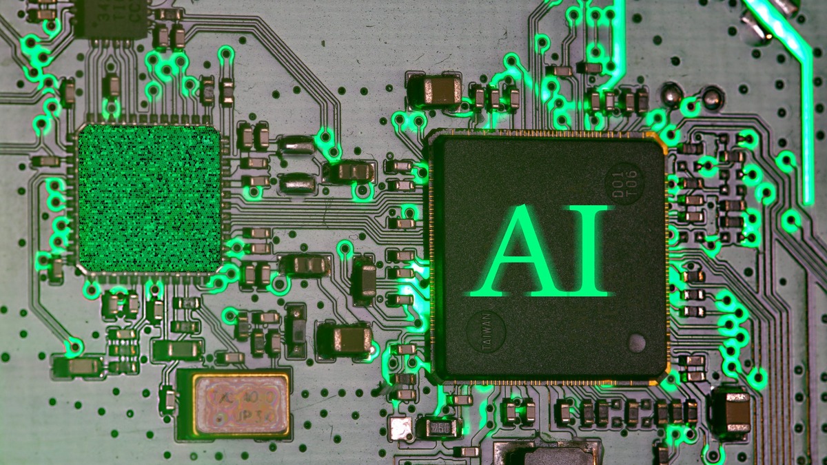 Glowing AI chip mounted on a circuit board