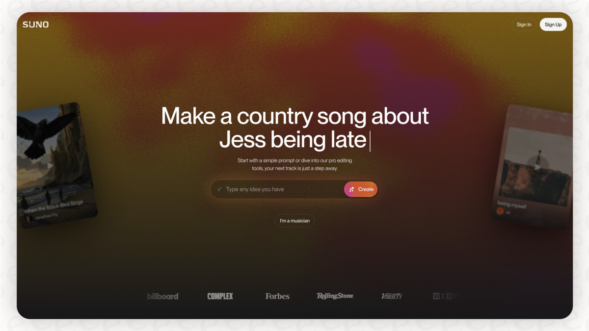 Suno AI music creation interface showing the song generator and prompt input