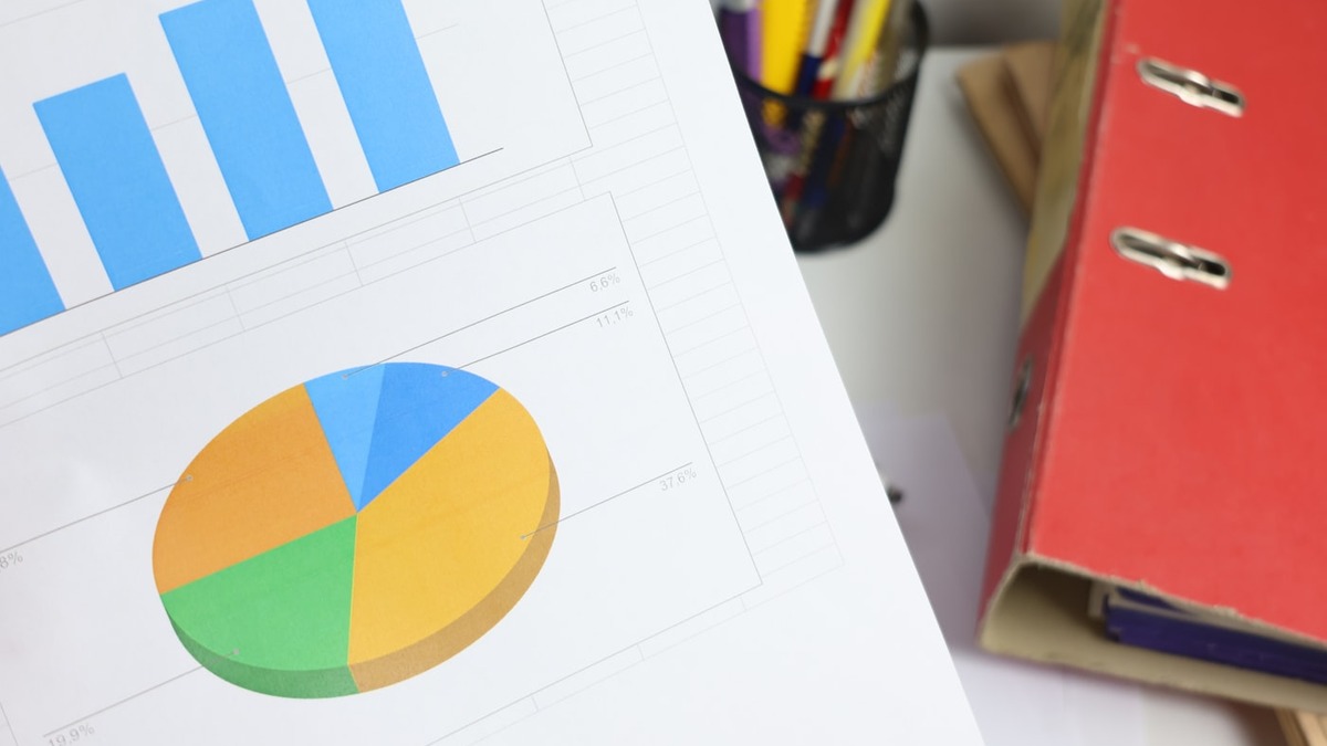 Printed financial report showing bar charts and a pie chart, with binders in the background