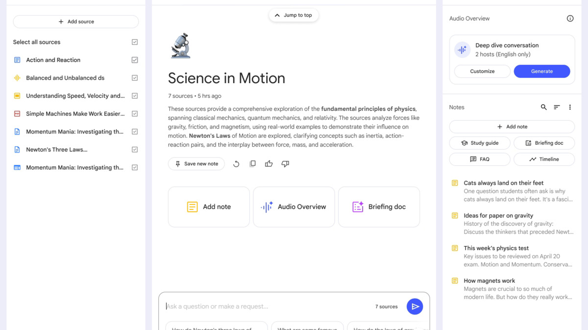 NotebookLM interface showing a research notebook with multiple uploaded sources and the chat panel on the right