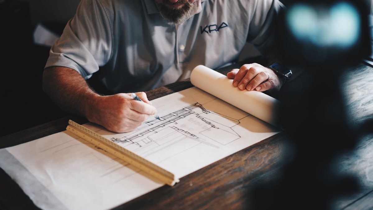 Architectural blueprints and floor plan drawings on a table