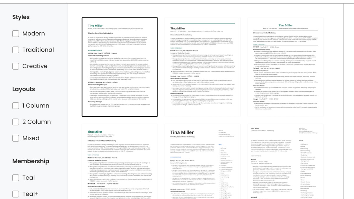 Teal resume builder showing template library options