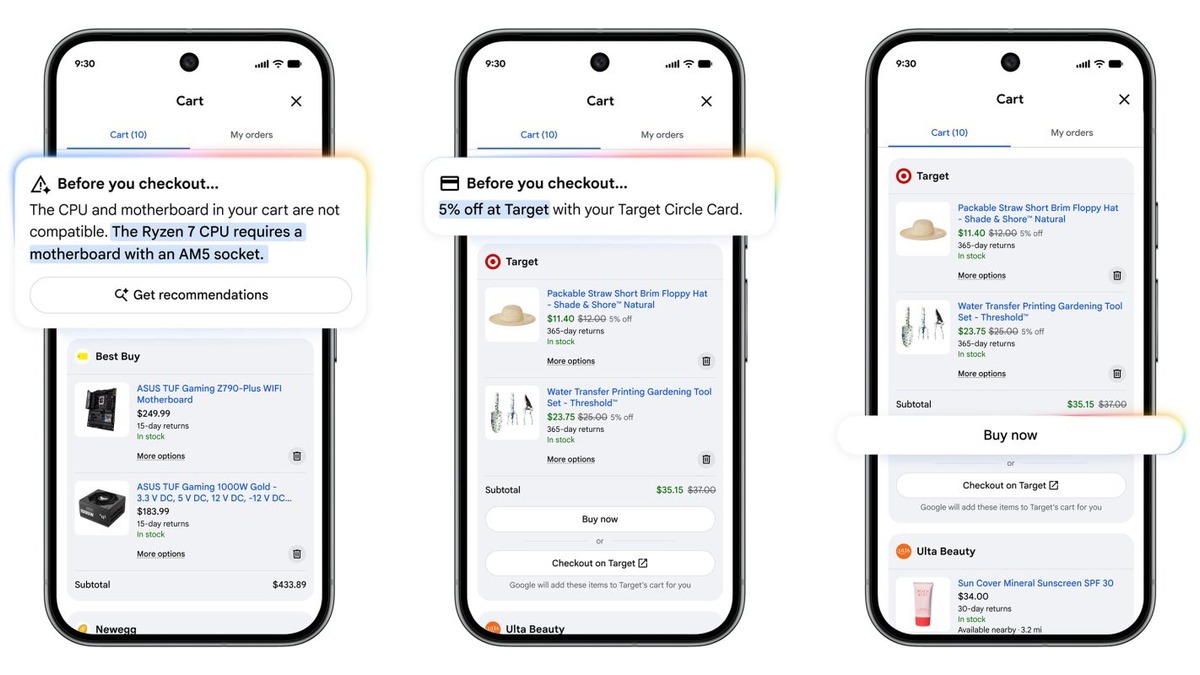Google Universal Cart interface showing cross-retailer shopping cart