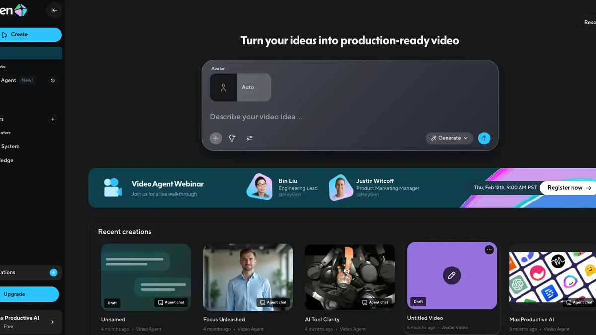 HeyGen AI avatar video interface showing avatar selection and script editor