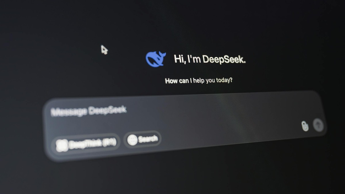 The DeepSeek AI chatbot interface showing a conversation prompt on a dark background