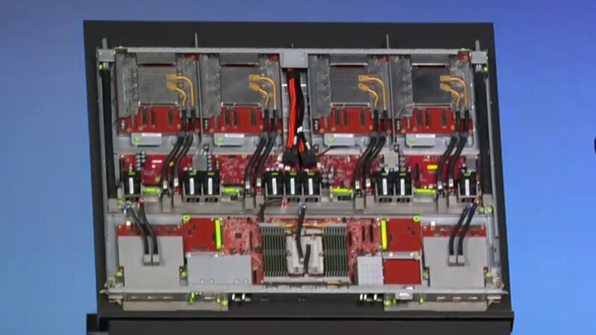 AMD Helios compute tray at CES 2026 - each tray holds 4 MI455X GPUs and 1 EPYC Venice CPU
