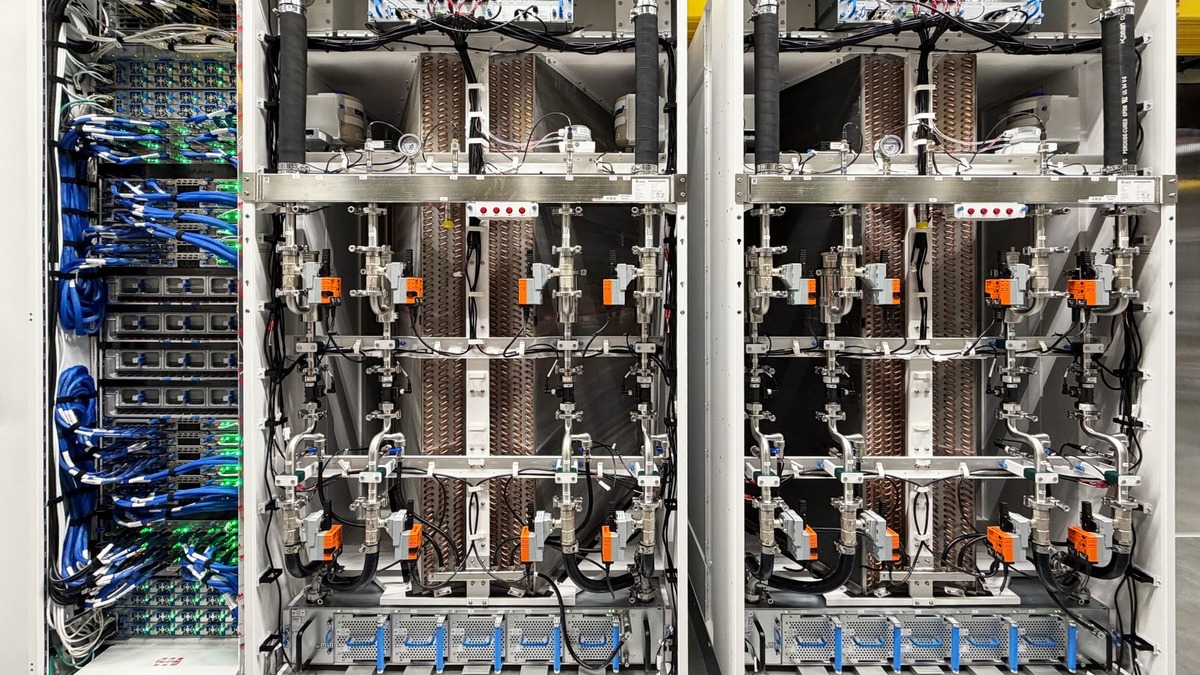 Maia 200 server rack cooling configuration inside an Azure datacenter