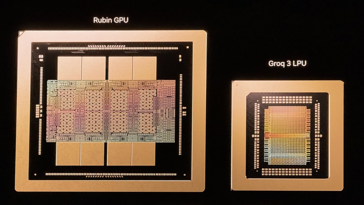 NVIDIA Groq 3 LPU chip next to a Vera Rubin GPU die shot comparison showing the SRAM-dense architecture
