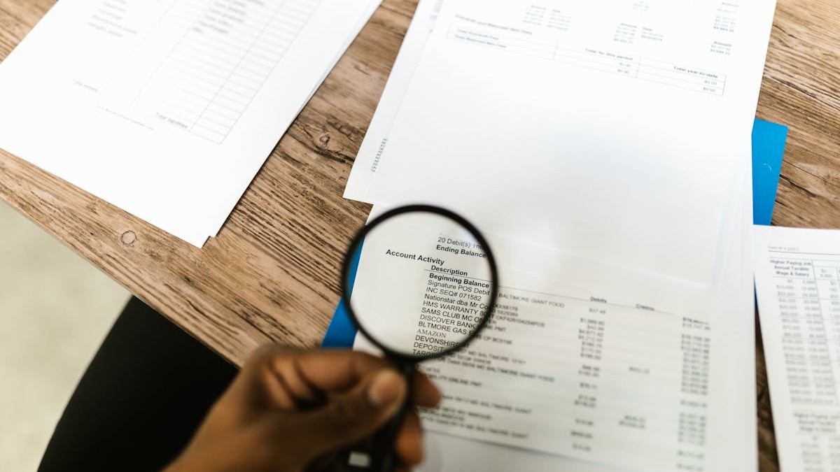 A person reviewing document carefully using a magnifying glass - representing detailed fact-checking of AI outputs