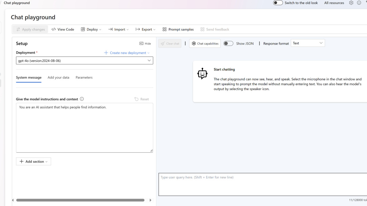 Azure OpenAI playground interface for testing model deployments