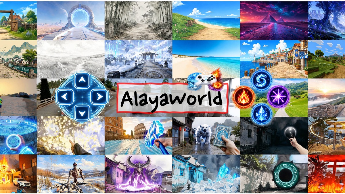 Grid of AlayaWorld-generated environments spanning realistic, painterly, and game-style aesthetics with camera and spell-casting UI overlays