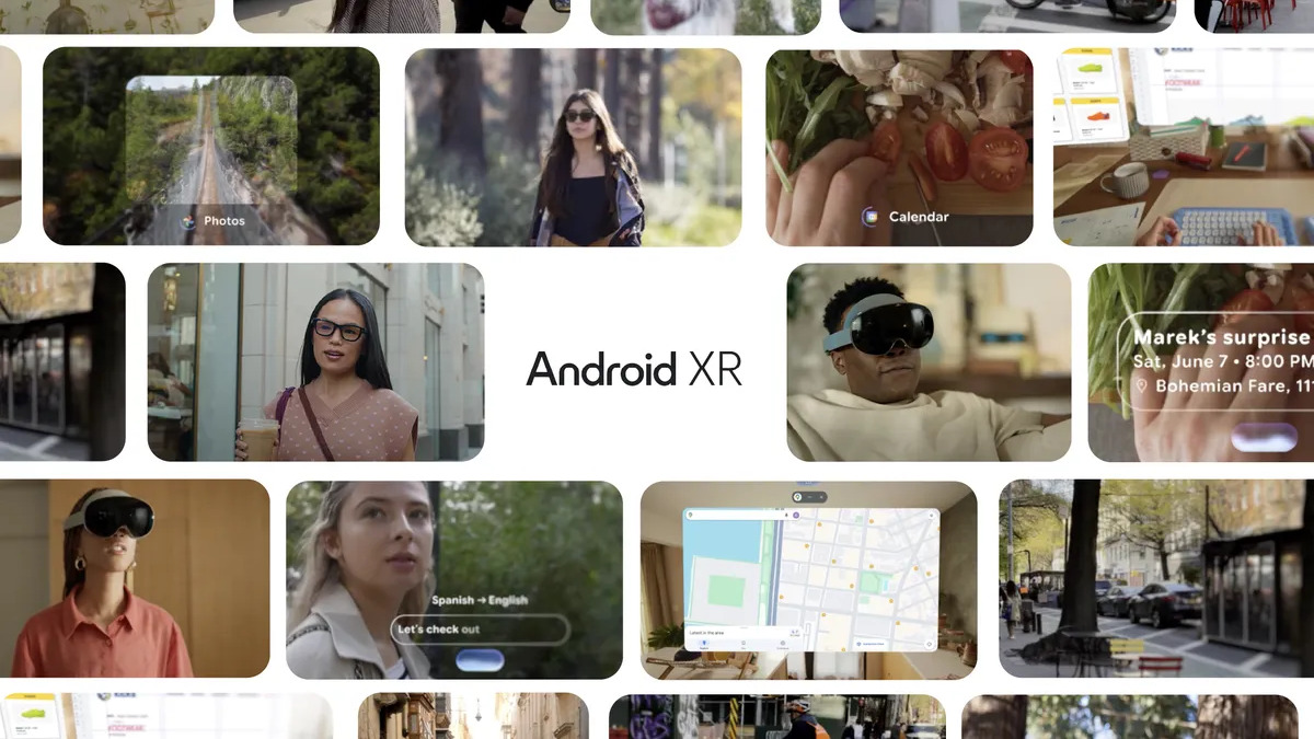 Android XR smart glasses and headset collage from Google I/O 2025, showing Gemini-powered wearable devices