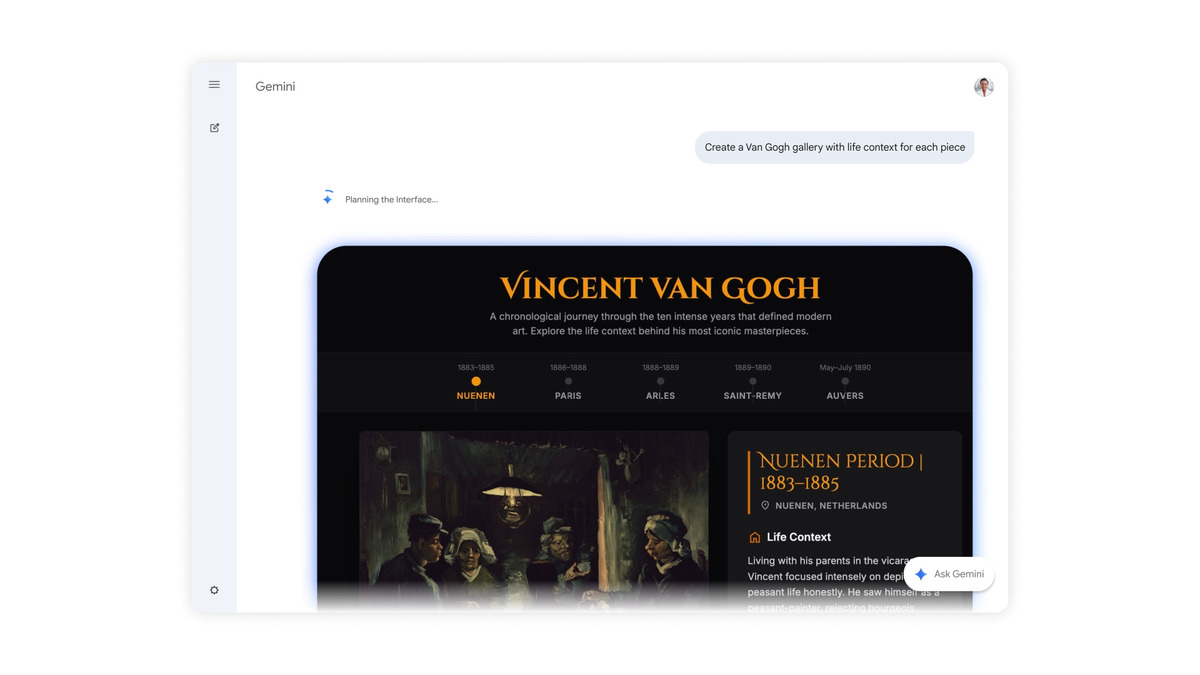 Gemini app Dynamic View generating an interactive Van Gogh gallery from a text prompt