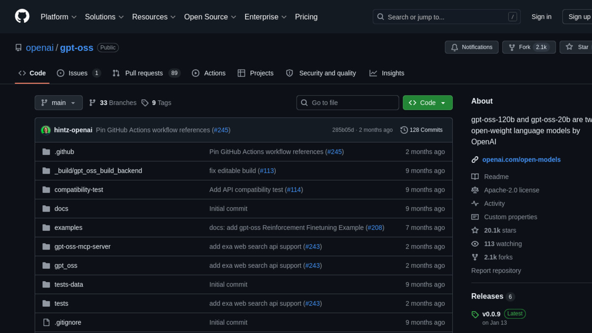 GPT-OSS 20B GitHub repository with deployment guides and model code
