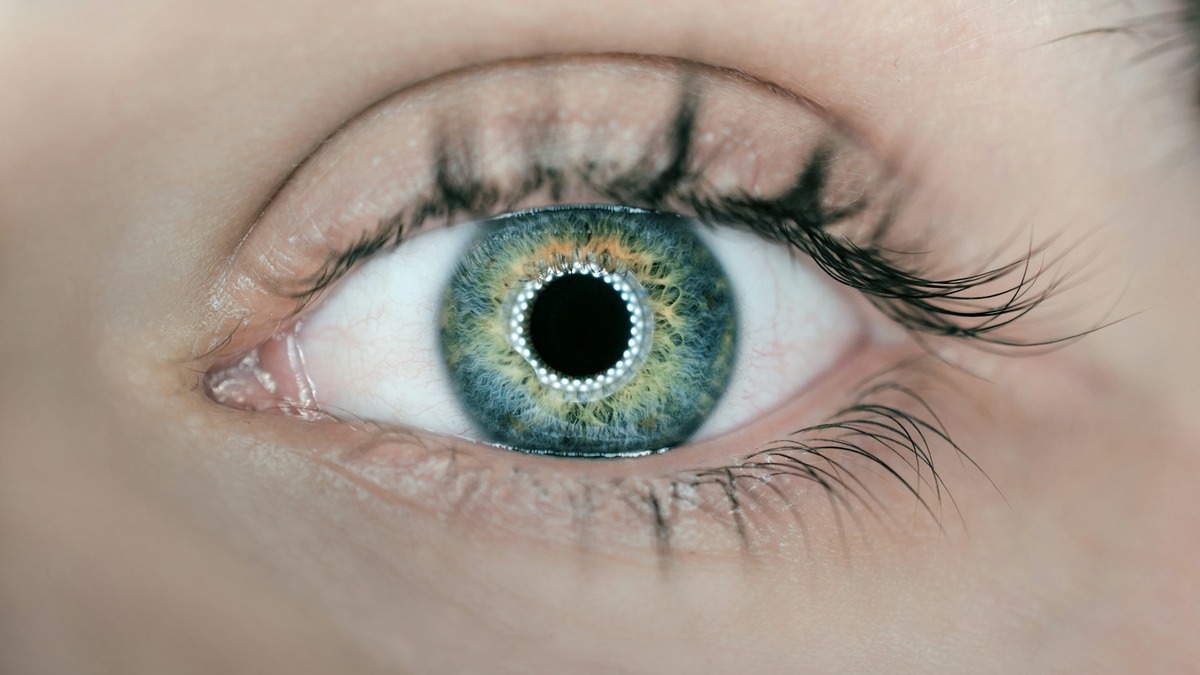 Close-up photograph of a green and black eye with detailed iris texture