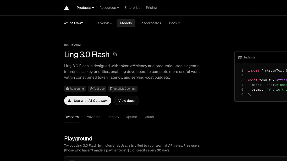 Screenshot of the Ling 3.0 Flash listing page on Vercel AI Gateway showing the model description, Reasoning and Tool Use badges, and a code sample