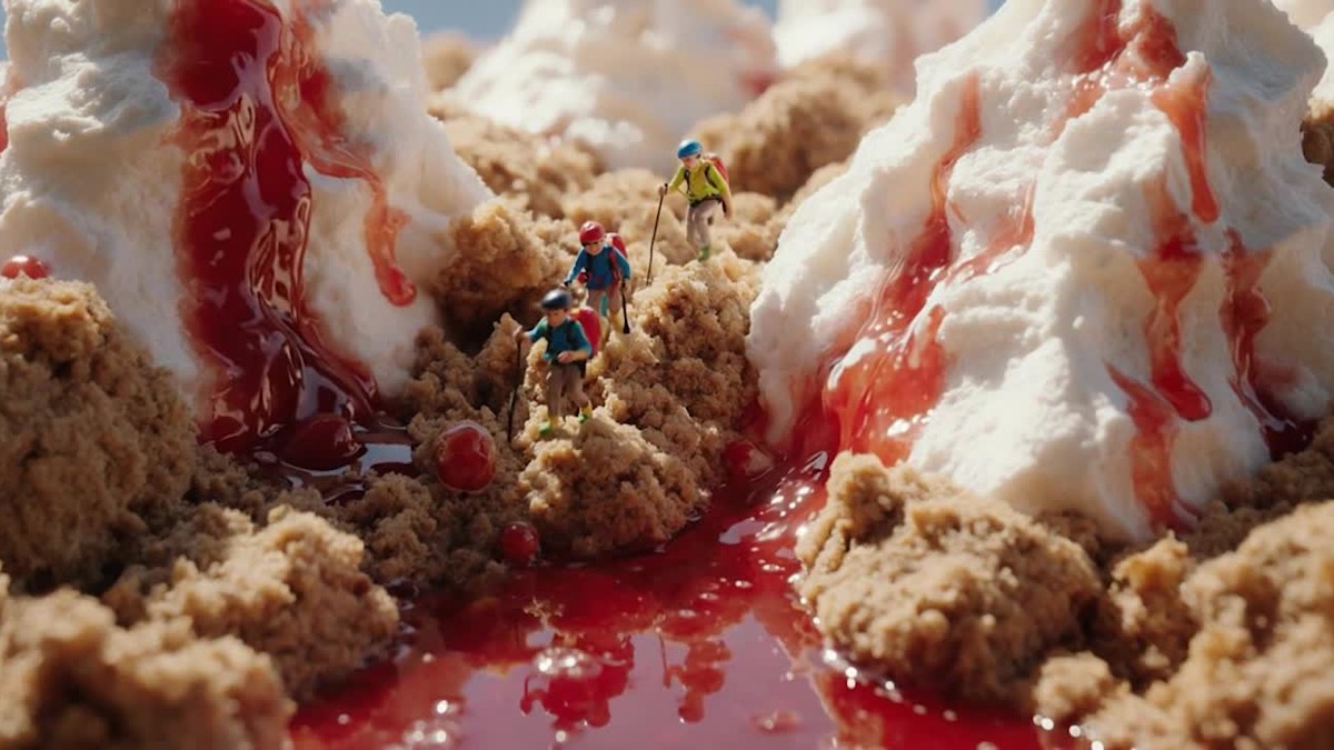 A Ray3.14 sample generation showing miniature hikers scaling a dessert landscape of crumble, whipped cream, and cherry sauce, from Luma's official launch demos
