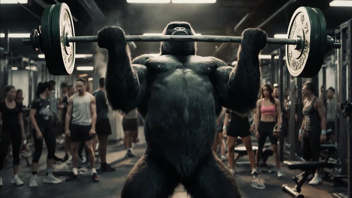 A Ray3.14 sample generation of a gorilla weightlifting in a busy gym, demonstrating realistic muscle physics, crowd detail, and studio lighting