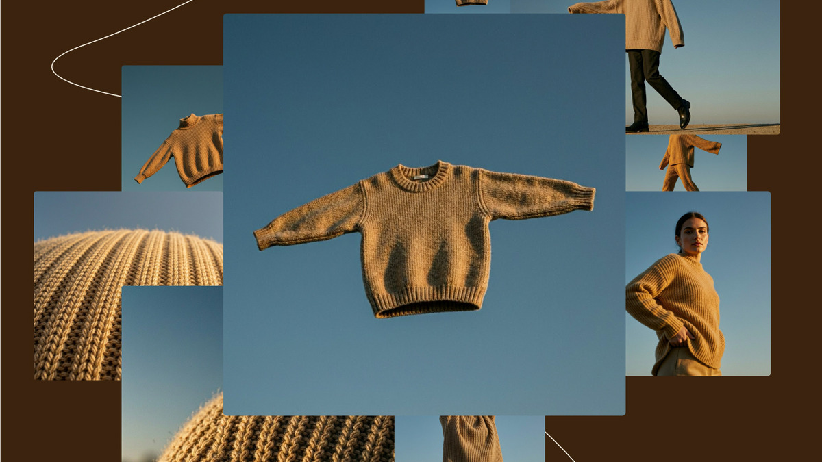 MAI-Image-2 e-commerce product photography - sweater collage with multiple angles against blue sky