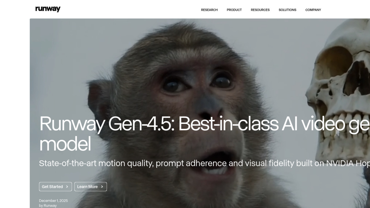 Runway Gen-4.5 research page showing the model's cinematic capabilities and launch announcement