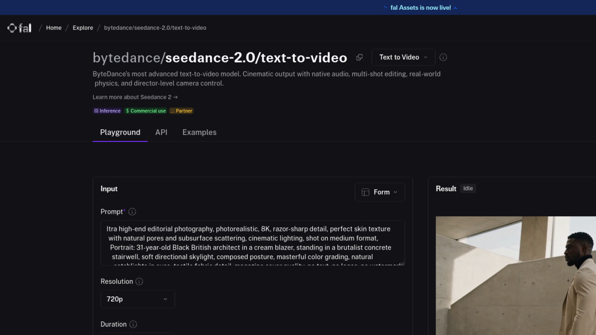 Seedance 2.0 API documentation on fal.ai showing available endpoints and pricing
