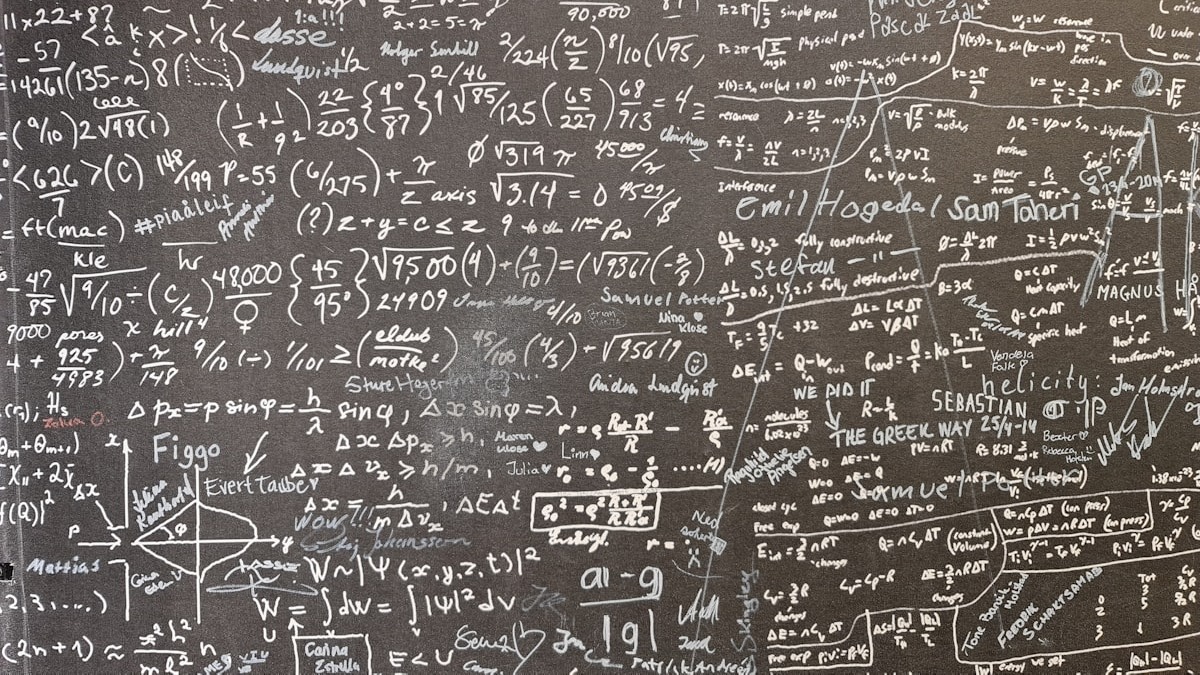 Math equations covering a complex blackboard, representing the kind of olympiad-level problems SU-01 solves
