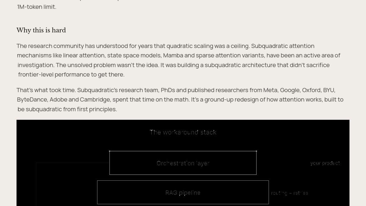 Subquadratic's diagram showing what engineering teams build today to work around context limits