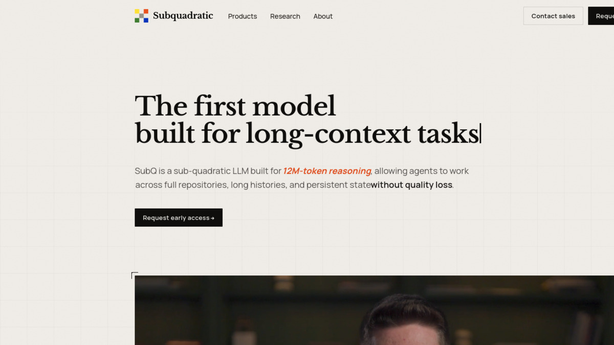 SubQ's launch website showing its efficiency-first positioning