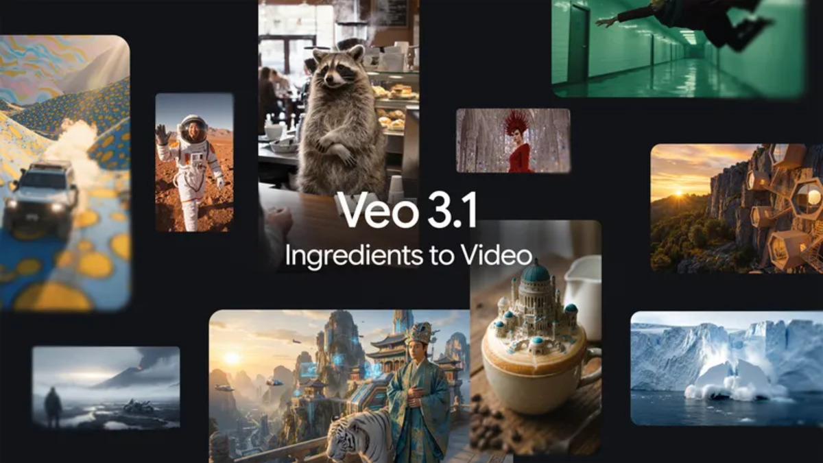 Veo 3.1 Ingredients to Video launch collage from the Google blog, showing an astronaut on Mars, a raccoon barista, and several AI-generated reference scenes