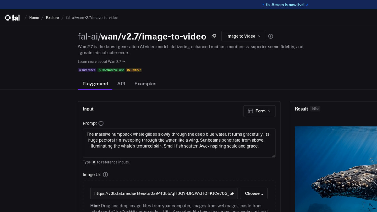 Wan 2.7 image-to-video interface on fal.ai showing prompt input, image URL, and result panel