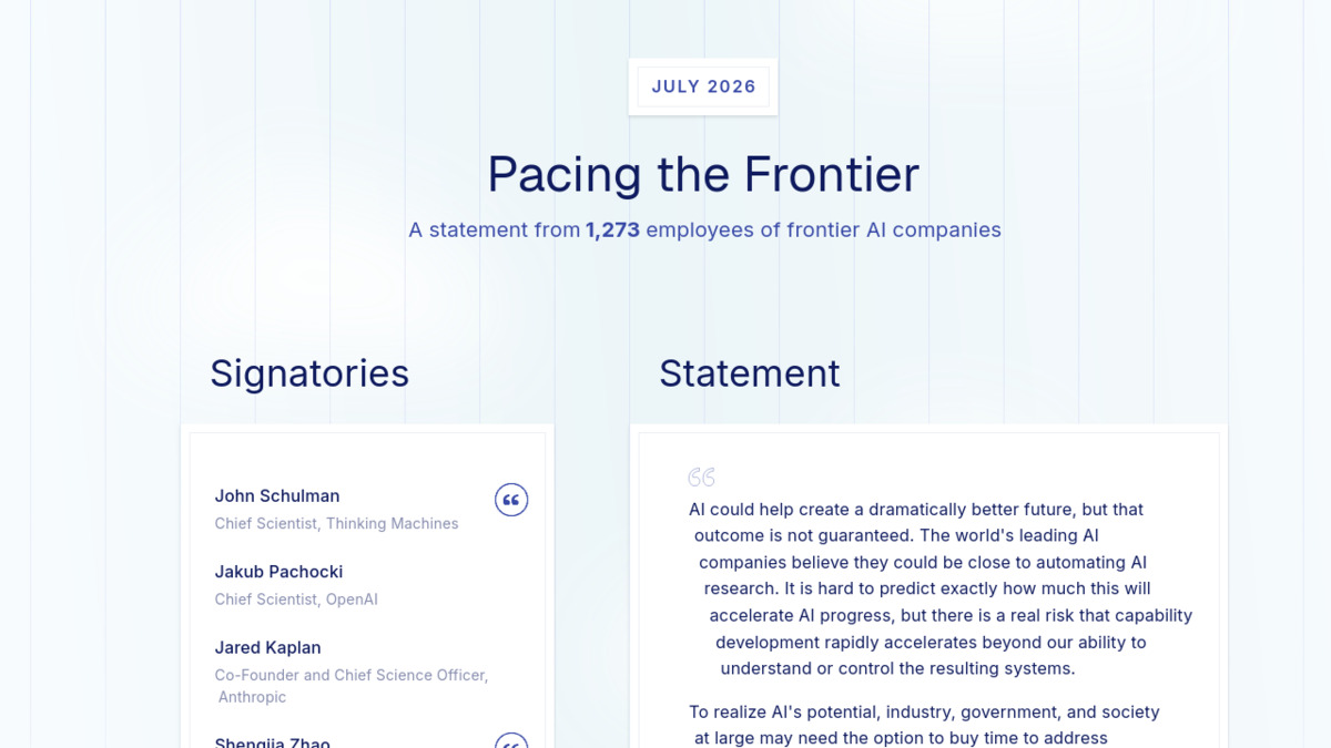 Screenshot of the Pacing the Frontier statement website listing signatories and the letter's text