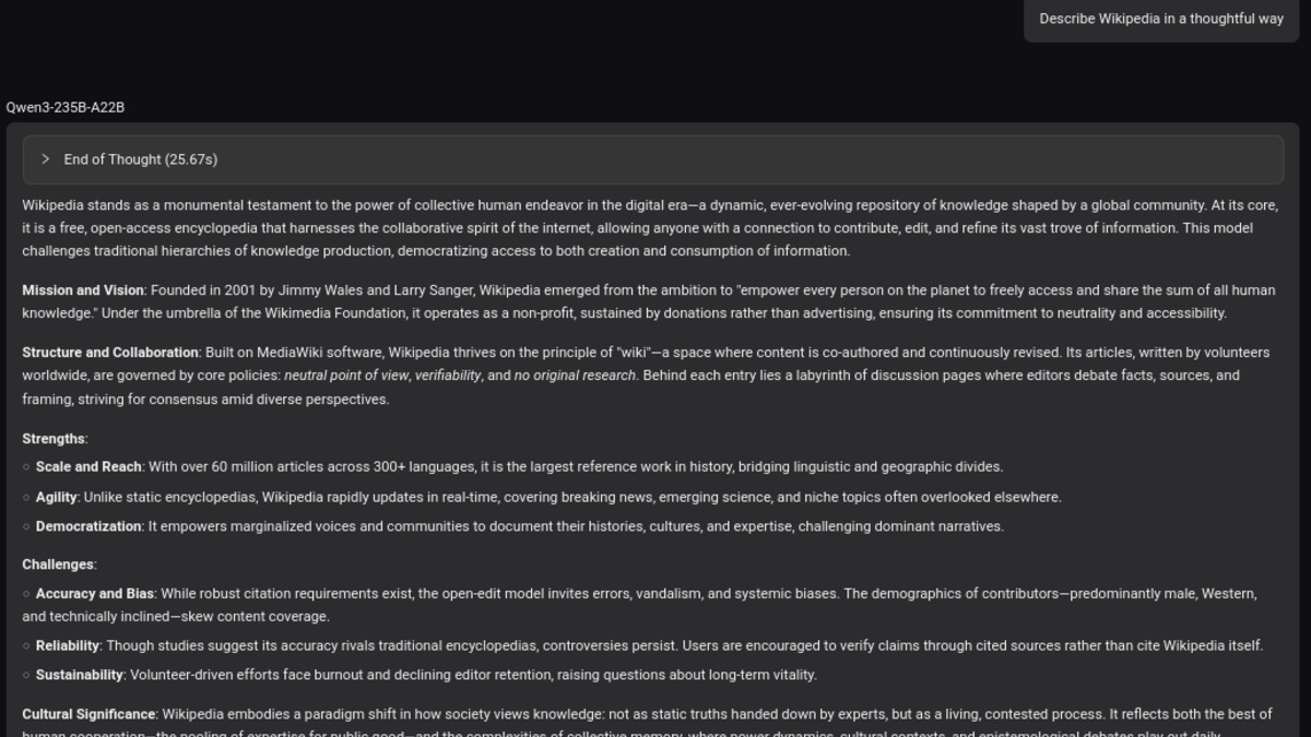 The Qwen Chat interface showing the model's reasoning capabilities in action