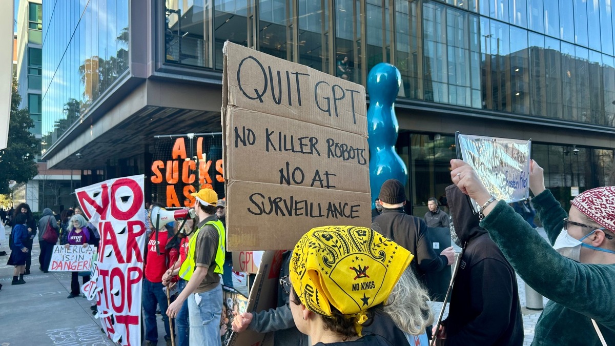 Protesters rally outside OpenAI's San Francisco headquarters on March 3, 2026