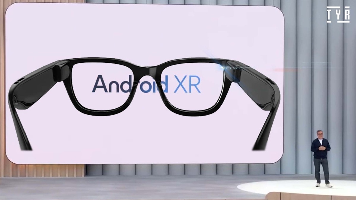 Android XR glasses shown on stage at Google I/O 2026