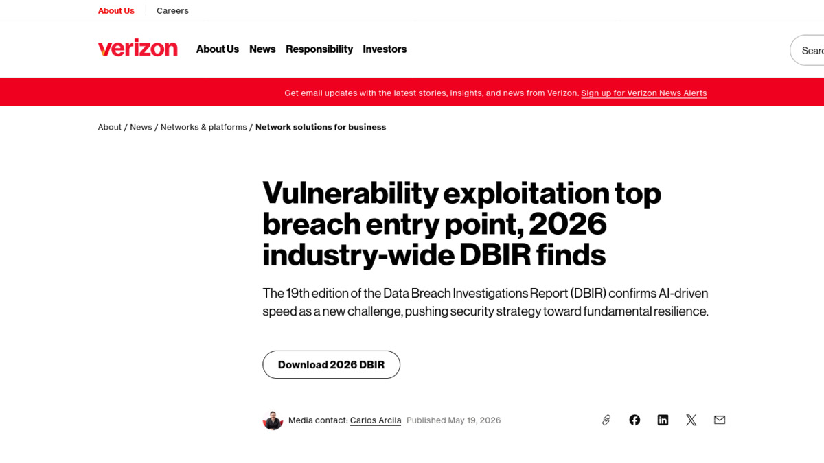 Verizon's 2026 DBIR found vulnerability exploitation overtook stolen credentials as the top breach entry point