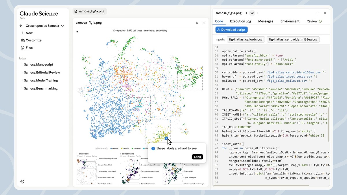 Claude Science research platform showing protein structure visualization and genomics tools