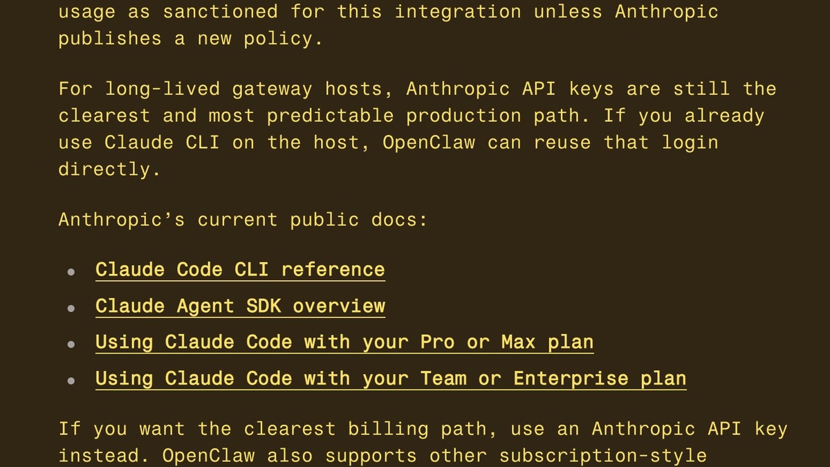OpenClaw documentation excerpt stating Anthropic staff confirmed Claude CLI usage is allowed again