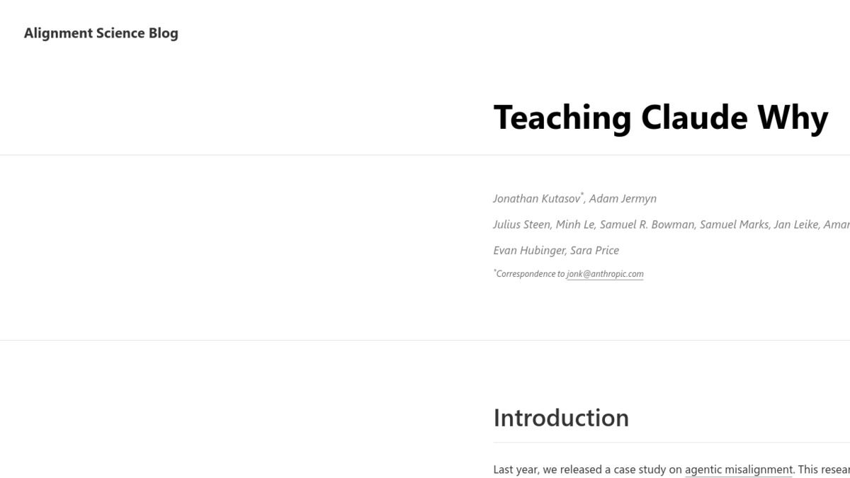 Screenshot of Anthropic's 'Teaching Claude Why' alignment blog post