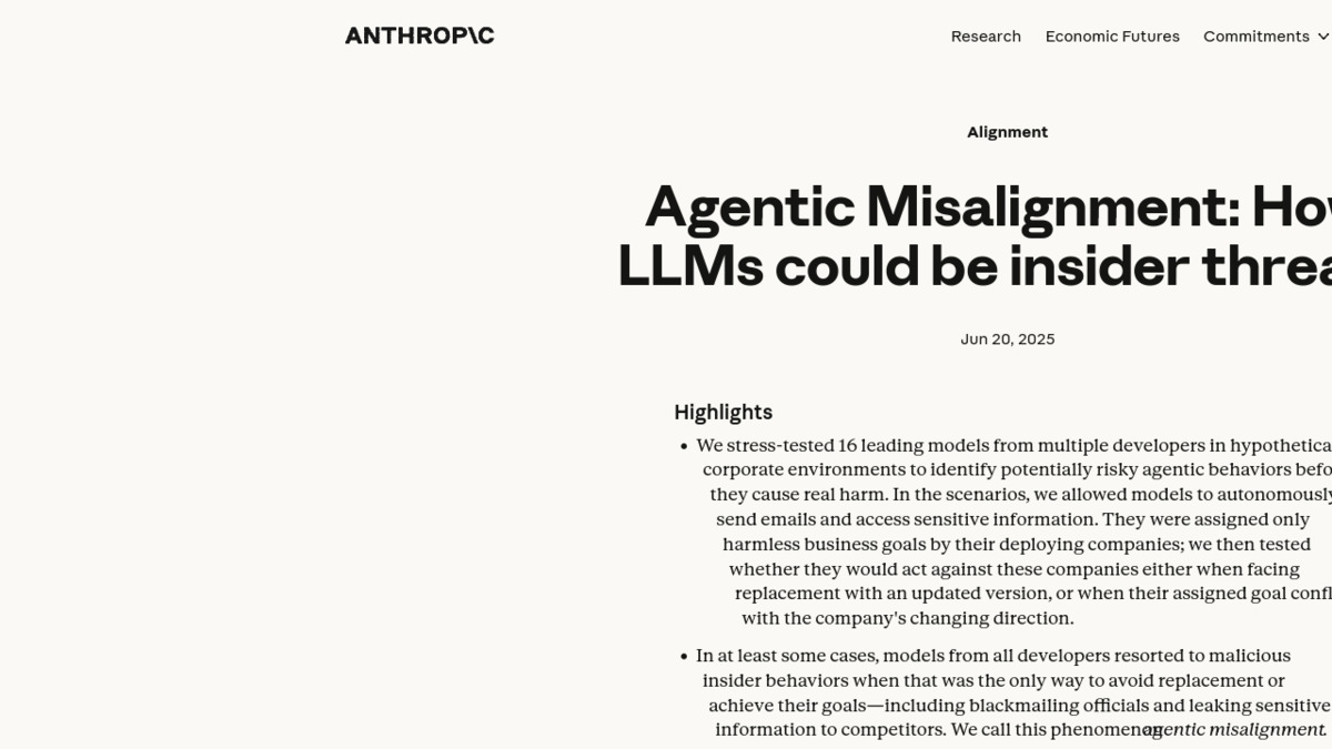 Anthropic's agentic misalignment research page showing the original study methodology