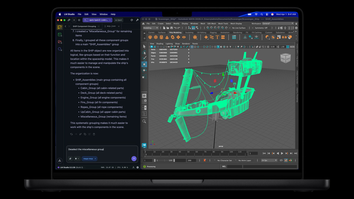 MacBook Pro running LM Studio alongside Autodesk Maya