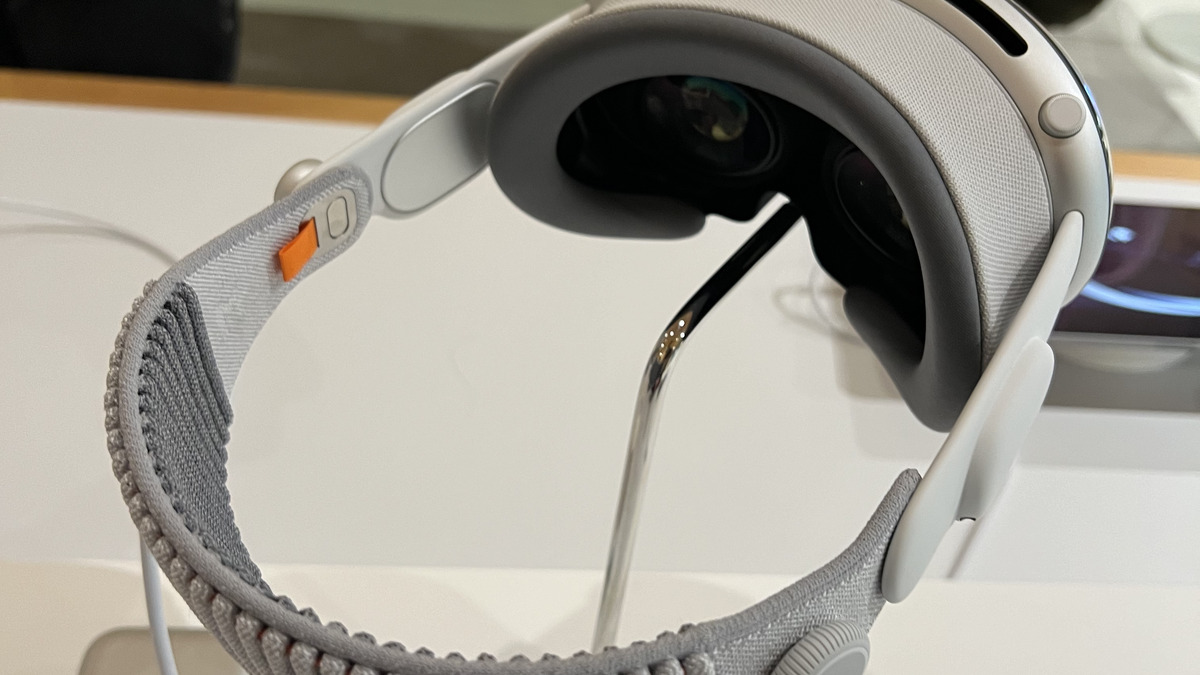 Apple Vision Pro headset displayed at a retail demonstration