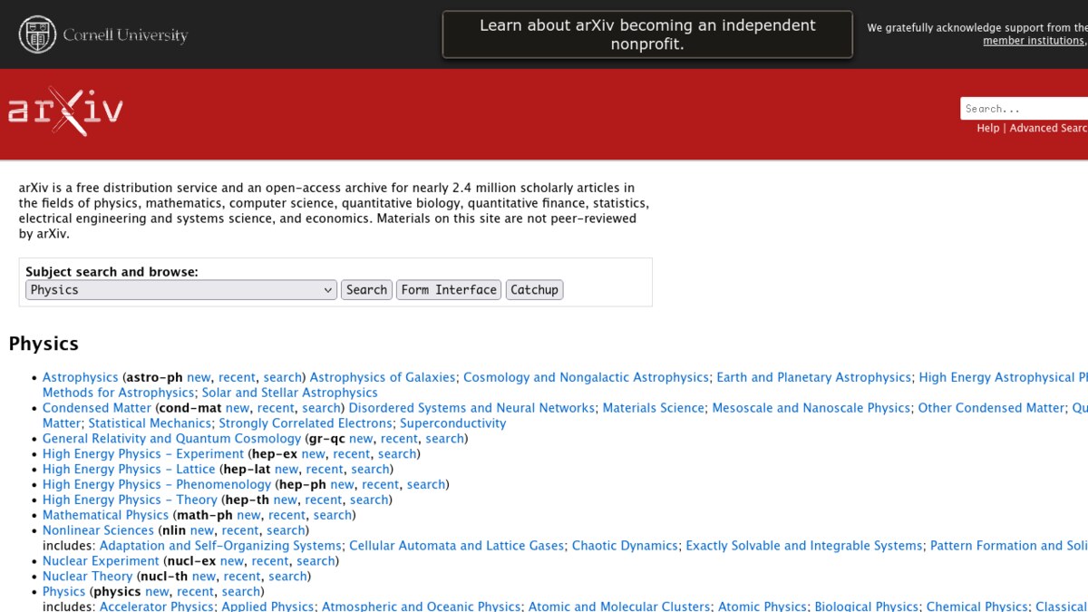 The arXiv website as it appears in May 2026, showing search and browse tools for millions of preprints