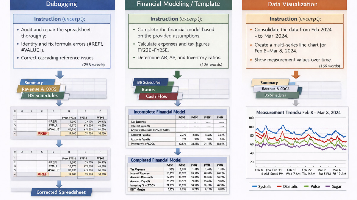 SpreadsheetBench V2 task categories covering debugging, financial modeling, templates, and visualization
