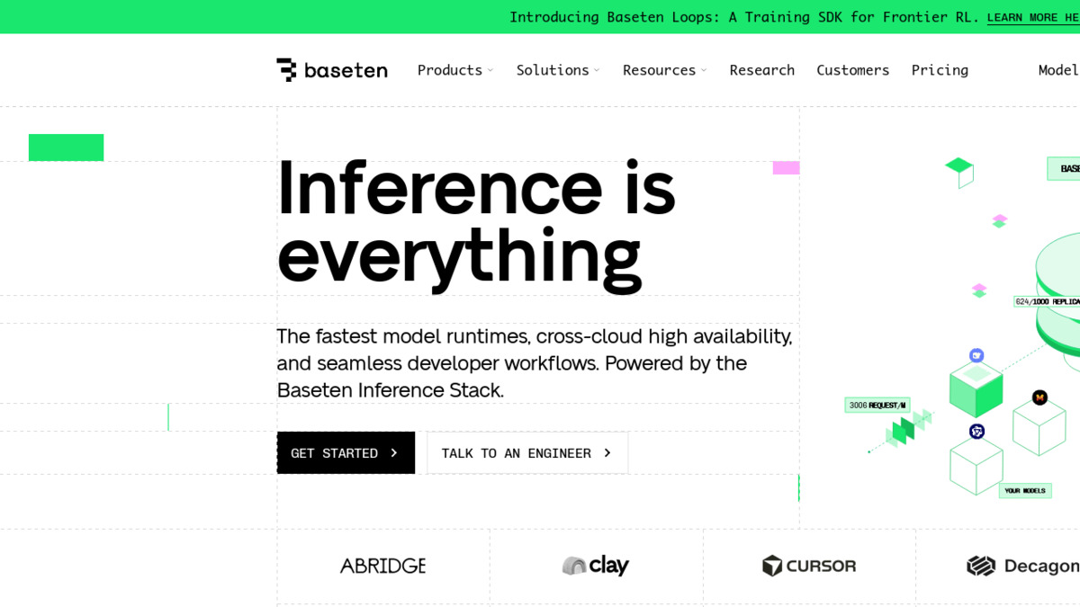 Baseten's inference platform homepage showing the product dashboard and model deployment interface