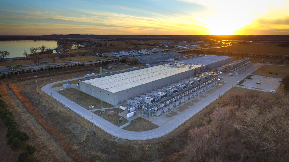 Aerial view of Google's data center campus in Council Bluffs, Iowa