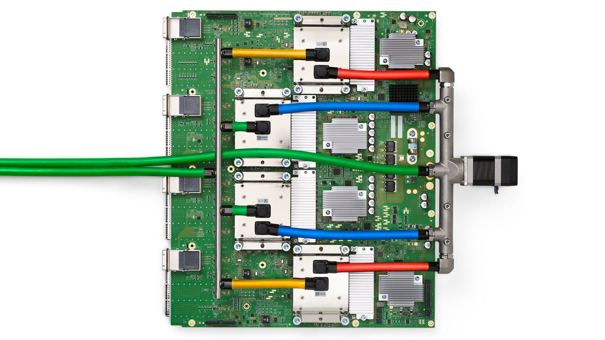 Google TPU v4 chip with HBM memory stacks on a circuit board