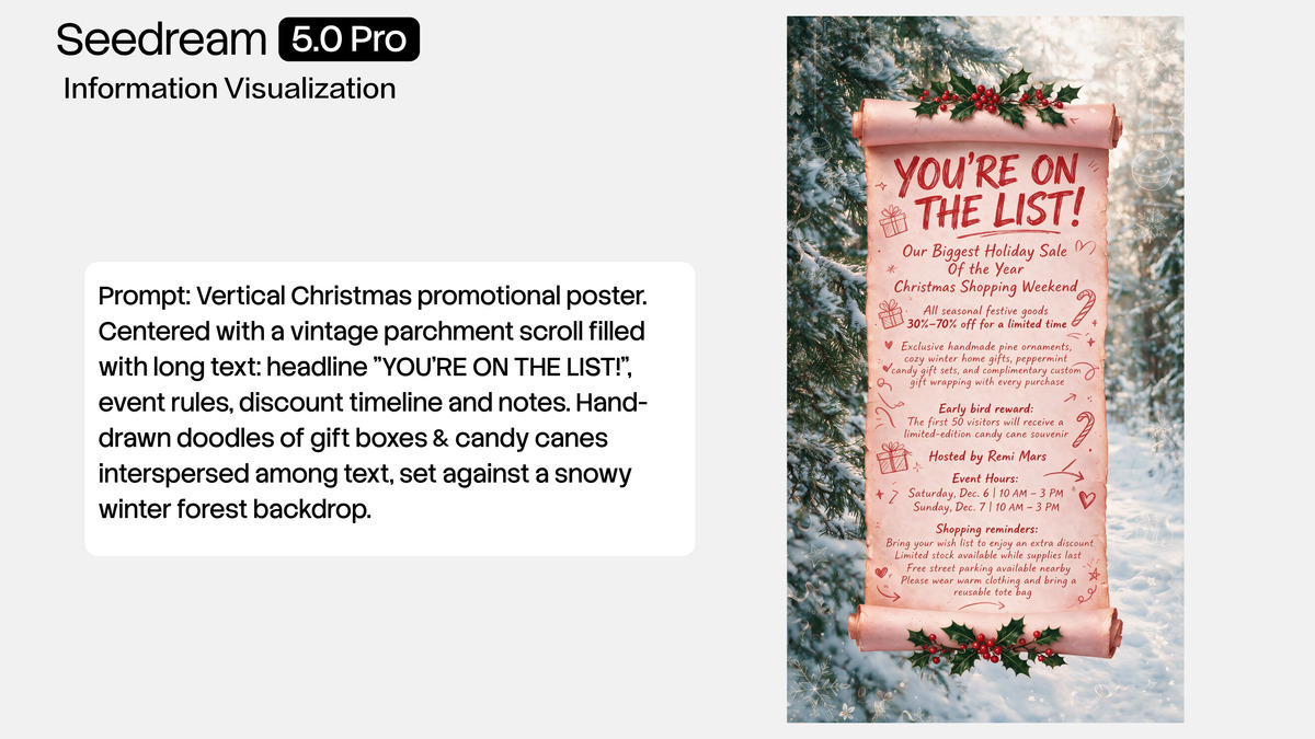 Seedream 5.0 Pro generating a complex holiday promotional poster from a detailed text prompt