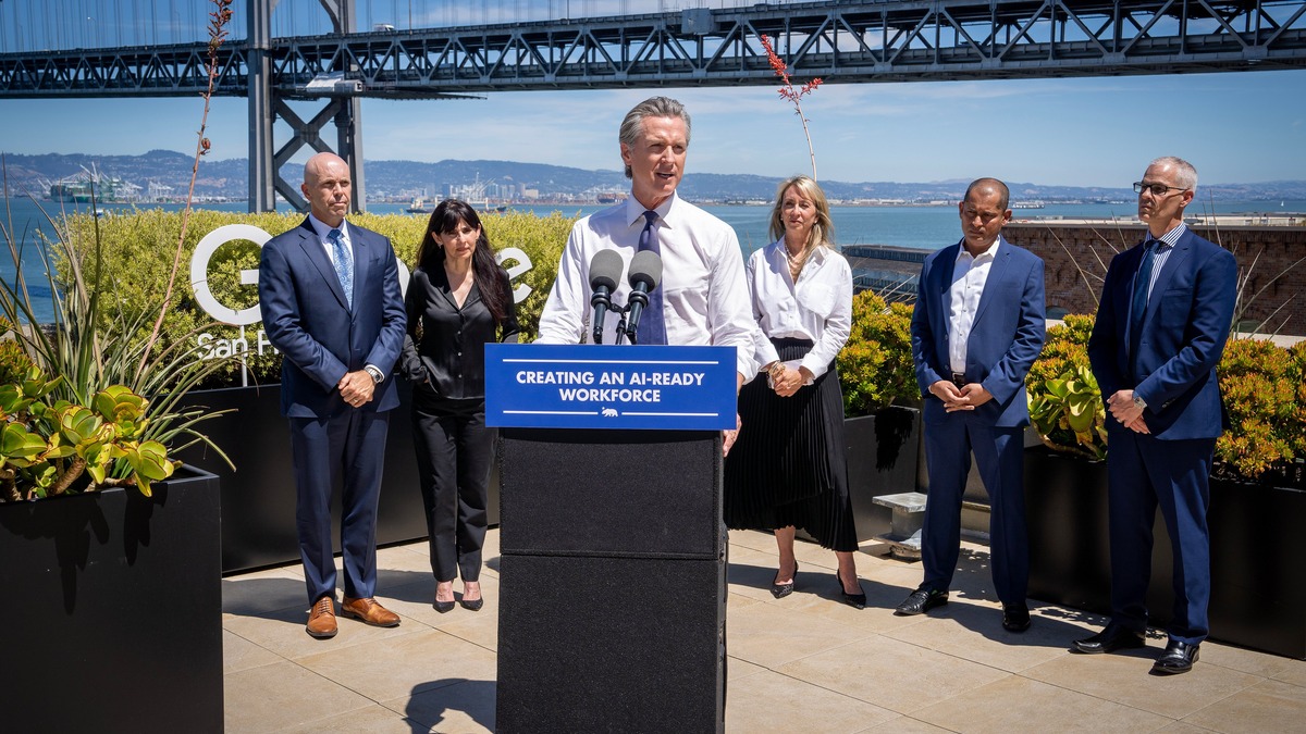 Governor Newsom speaking at an AI workforce partnership announcement