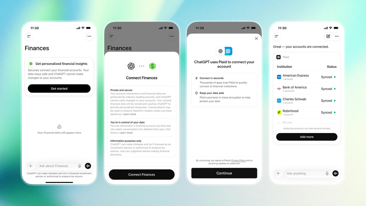 ChatGPT interface showing personal finance feature with account connection screen