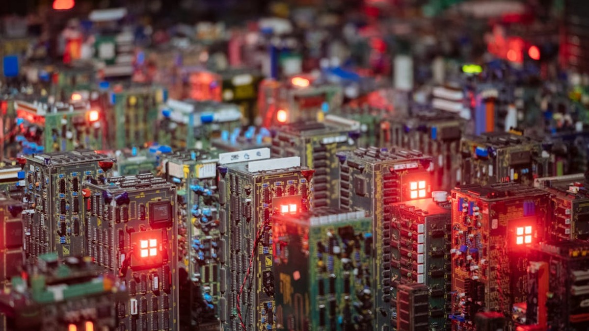Close-up of semiconductor chips on a circuit board